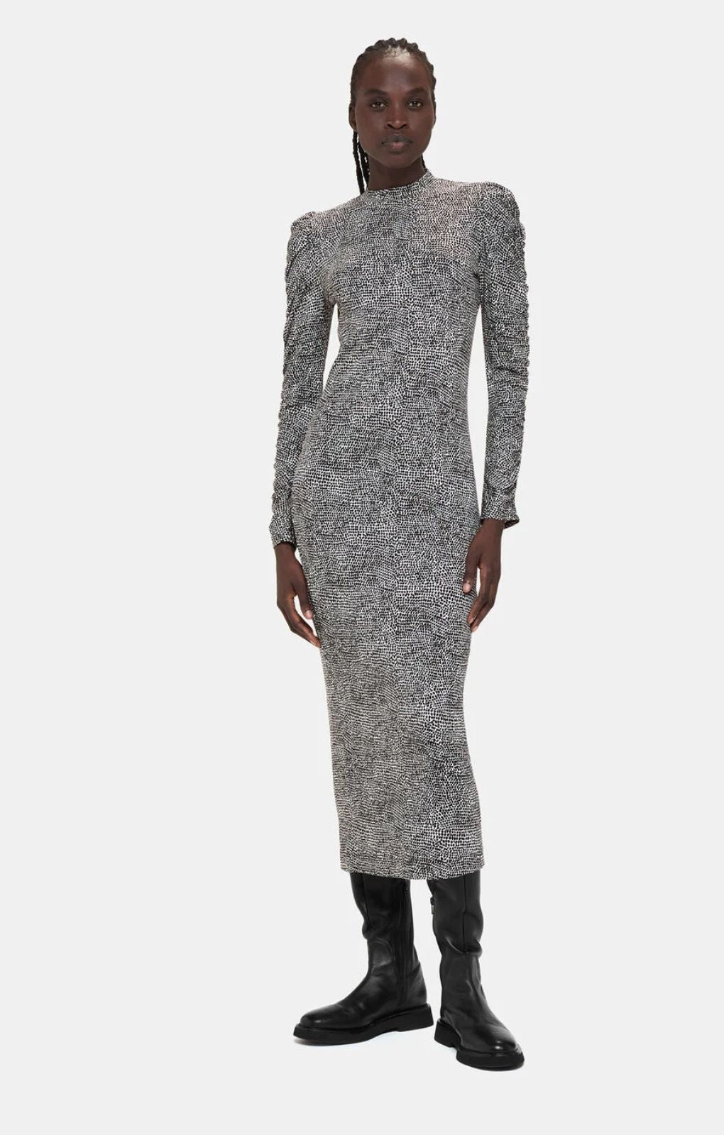 Rent Whistles Ruched Sleeve Jersey Midi Dress In Contrast Dot | Hirestreet