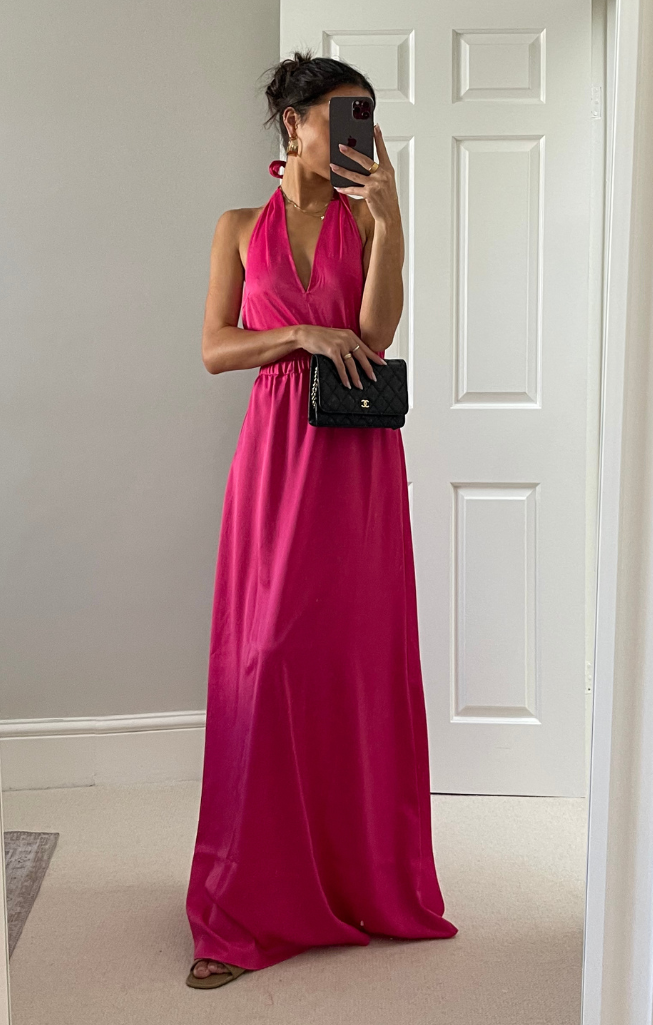 Rent Satin Multiway Halterneck Maxi Dress In Vibrant Pink