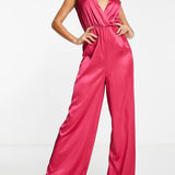 Aria Cove Satin Plunge Front Wide Leg Jumpsuit In Pink – jumpsuits & playsuits by Aria Cove, available to rent from Hirestreet