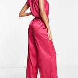 Aria Cove Satin Plunge Front Wide Leg Jumpsuit In Pink – jumpsuits & playsuits by Aria Cove, available to rent from Hirestreet