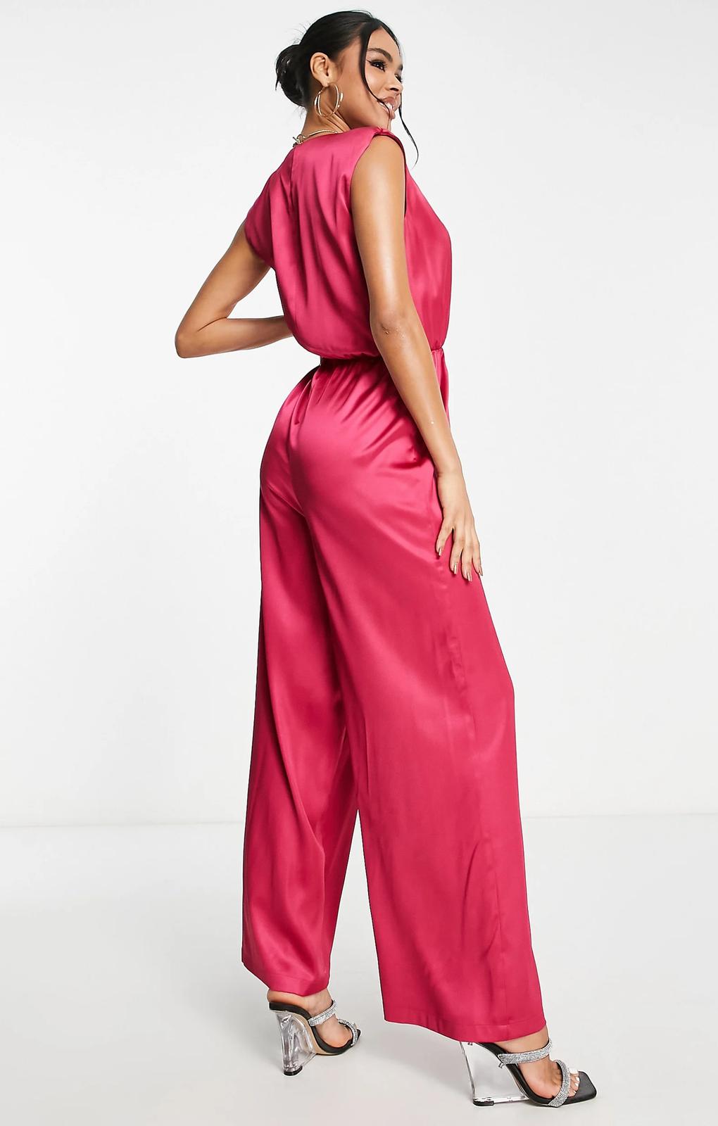 Aria Cove Satin Plunge Front Wide Leg Jumpsuit In Pink – jumpsuits & playsuits by Aria Cove, available to rent from Hirestreet