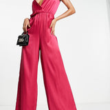 Aria Cove Satin Plunge Front Wide Leg Jumpsuit In Pink – jumpsuits & playsuits by Aria Cove, available to rent from Hirestreet