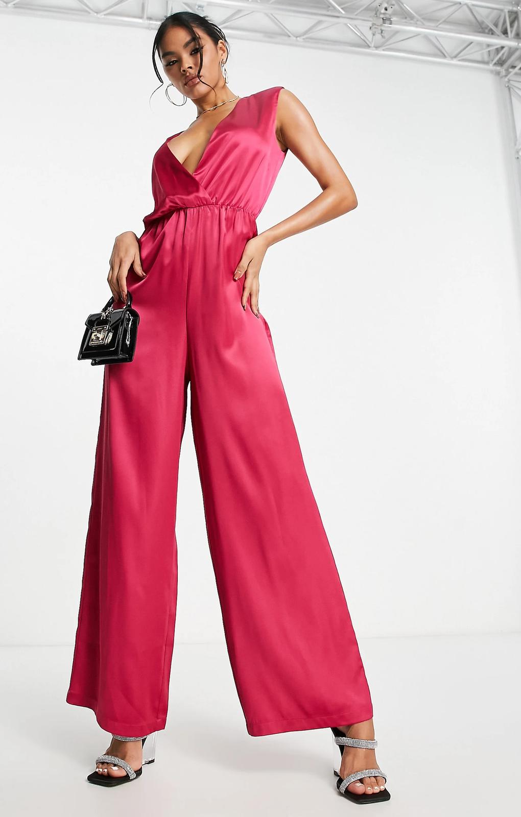 Aria Cove Satin Plunge Front Wide Leg Jumpsuit In Pink – jumpsuits & playsuits by Aria Cove, available to rent from Hirestreet