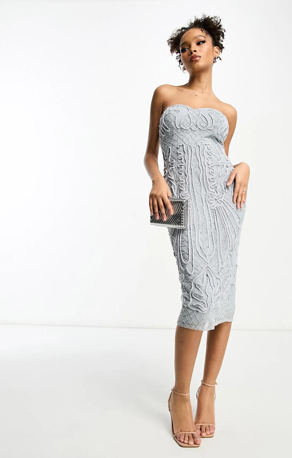 Asos Design Bandeau Cornelli Sequin Midi Dress In Pale Blue – dresses by ASOS DESIGN, available to rent from Hirestreet