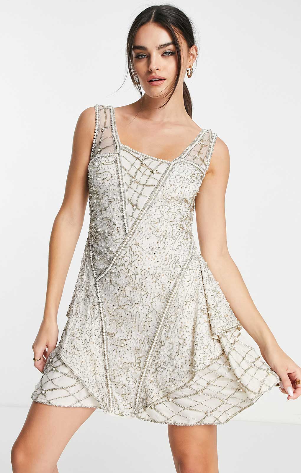 Asos Design Beaded Mini Dress With Layered Skirt And Linear Embellishment Detail In Blush