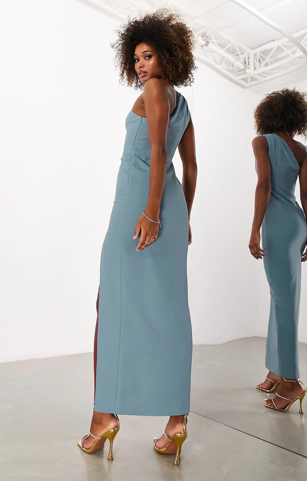 Asos Design Crepe One Shoulder Column Maxi Dress With Split In Dusky Blue – dresses by ASOS DESIGN, available to rent from Hirestreet