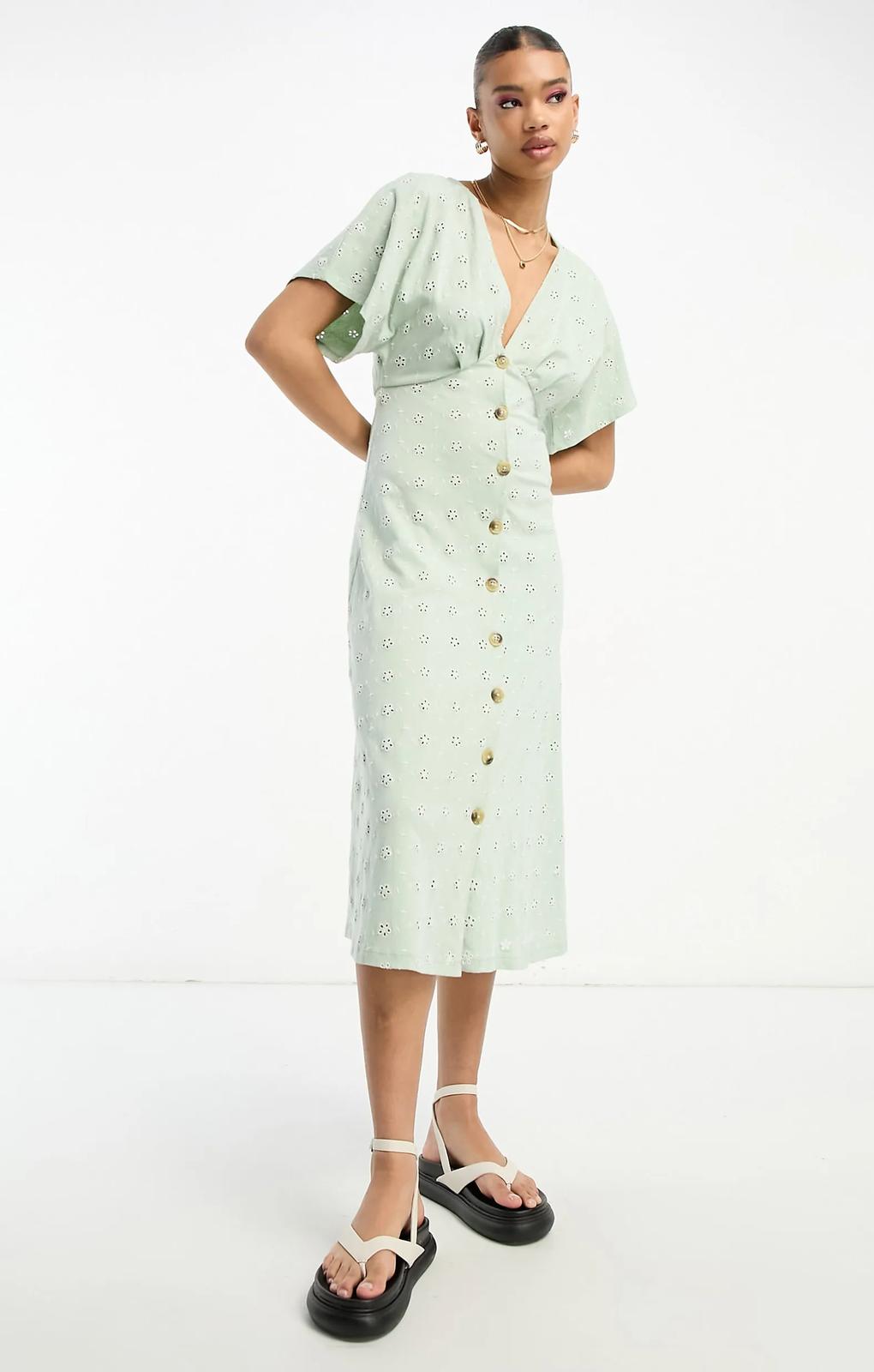 Asos Design Broderie V Neck Midi Dress With Buttons In Sage And Cream Contrast – dresses by ASOS DESIGN, available to rent from Hirestreet