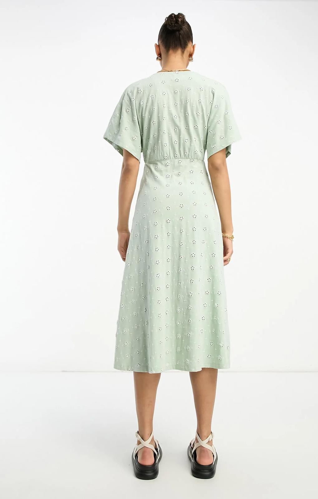 Asos Design Broderie V Neck Midi Dress With Buttons In Sage And Cream Contrast – dresses by ASOS DESIGN, available to rent from Hirestreet