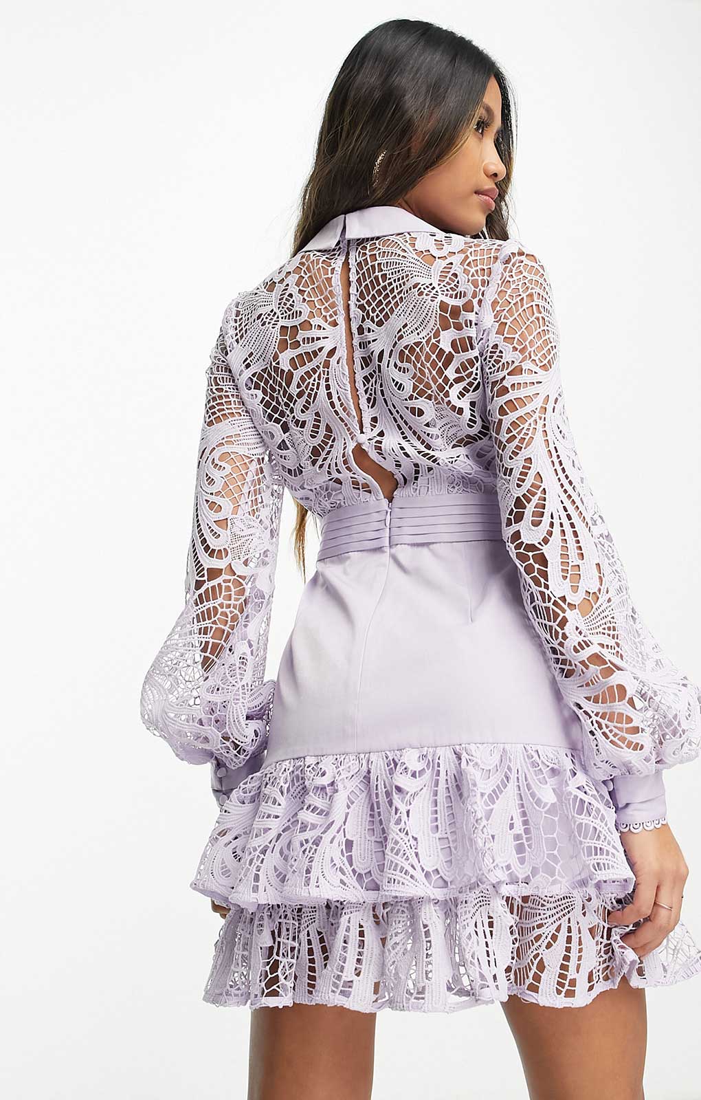 Asos Design Collared Lace Mini Dress With Tiered Skirt In Lilac
