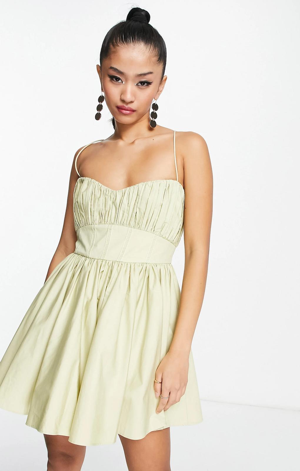 Asos Design Cotton Structured Prom Mini Dress With Corset Detail In Light Green – dresses by ASOS DESIGN, available to rent from Hirestreet