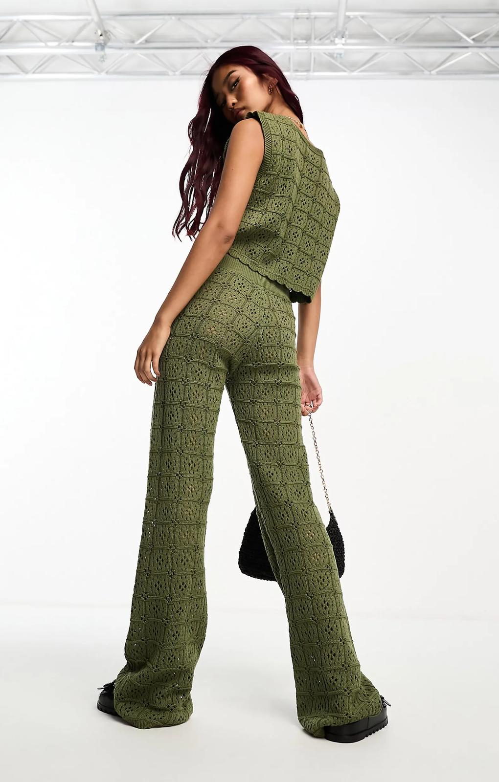 Asos Design Crochet Wide Leg Trousers In Khaki – trousers by ASOS DESIGN, available to rent from Hirestreet