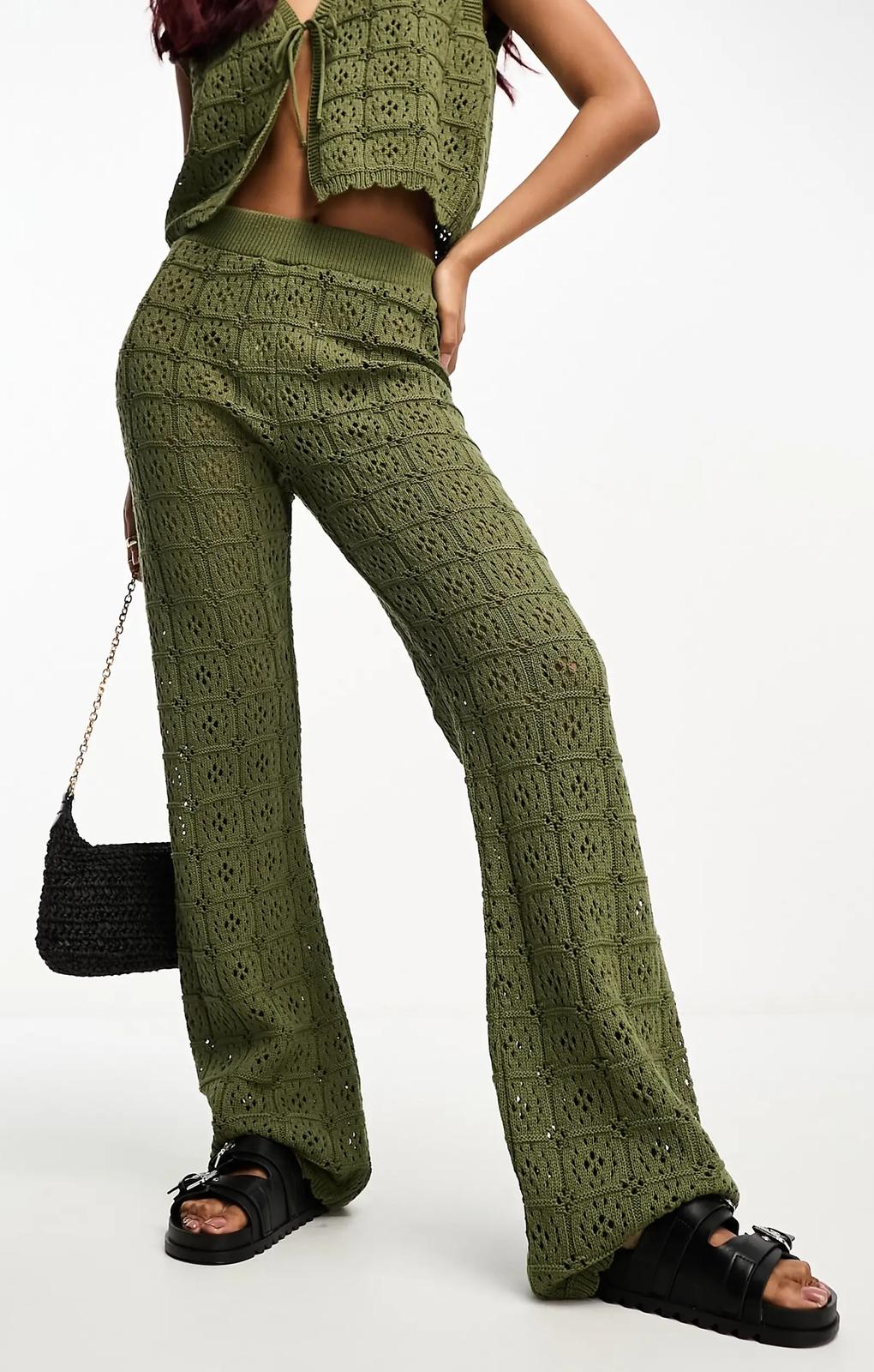 Asos Design Crochet Wide Leg Trousers In Khaki – trousers by ASOS DESIGN, available to rent from Hirestreet