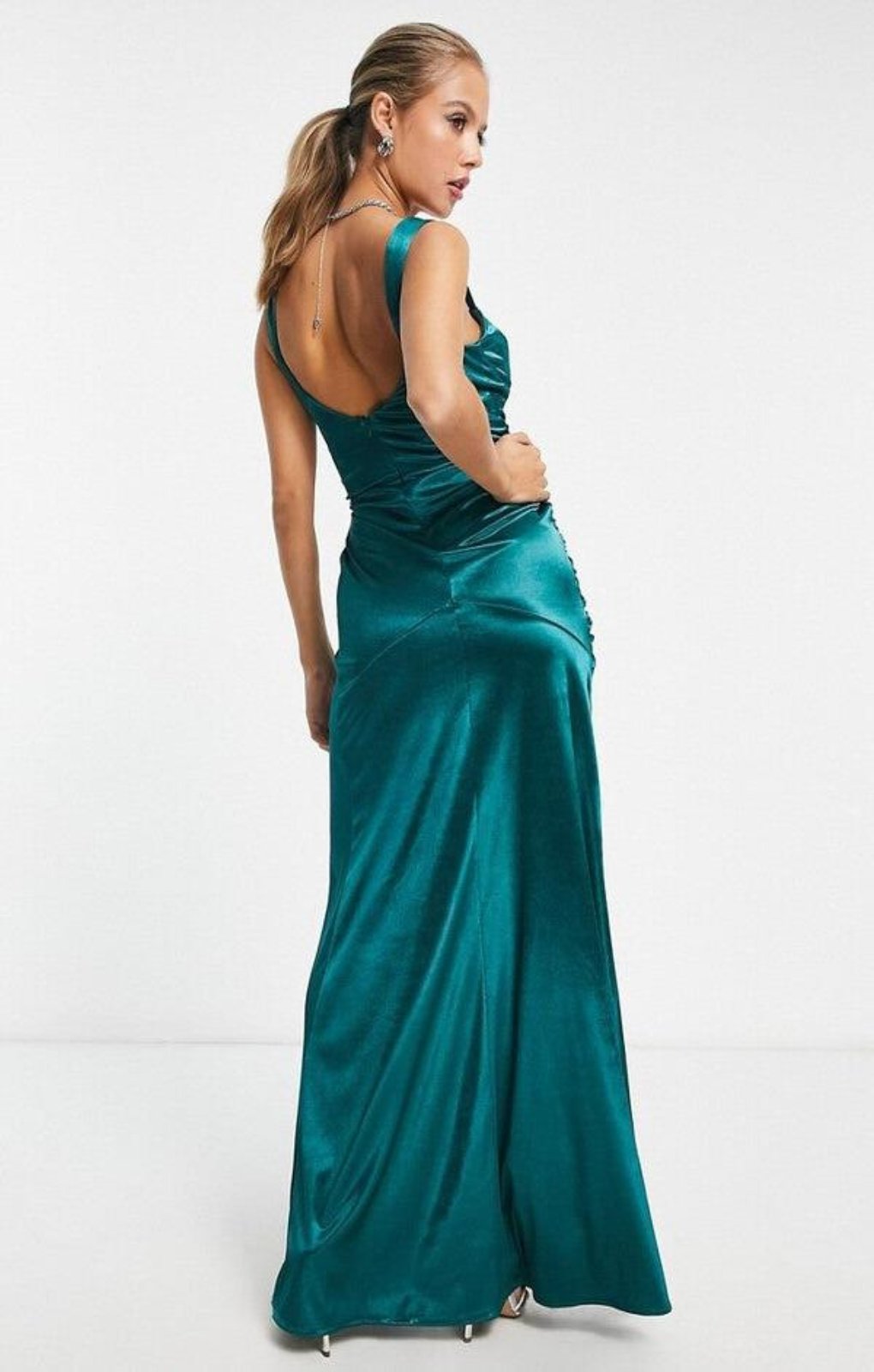 ASOS DESIGN Cupped Ruched High Split Satin Maxi Dress In Teal