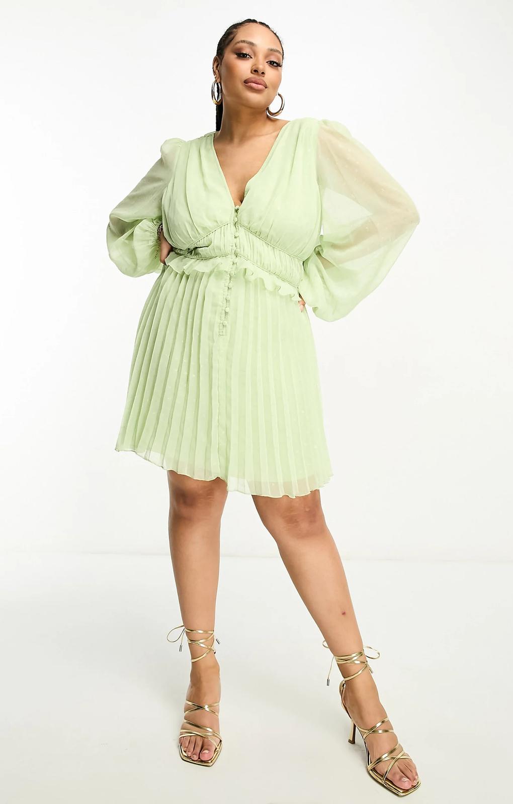 Asos Design Curve Button Through Ruched Waist Pleated Mini Dress In Metallic Dobby In Apple Green – dresses by ASOS Curve, available to rent from Hirestreet
