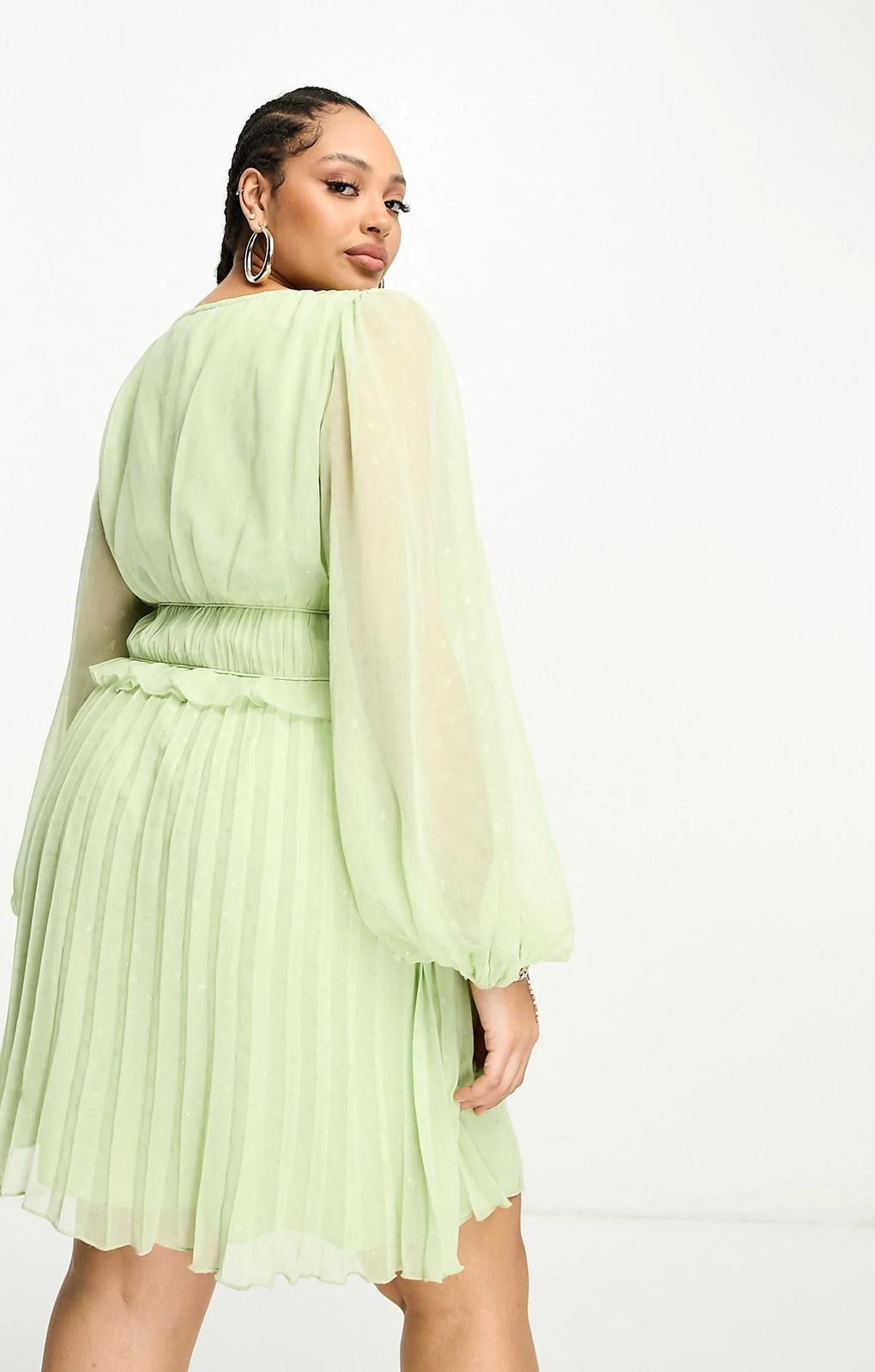 Asos Design Curve Button Through Ruched Waist Pleated Mini Dress In Metallic Dobby In Apple Green – dresses by ASOS Curve, available to rent from Hirestreet