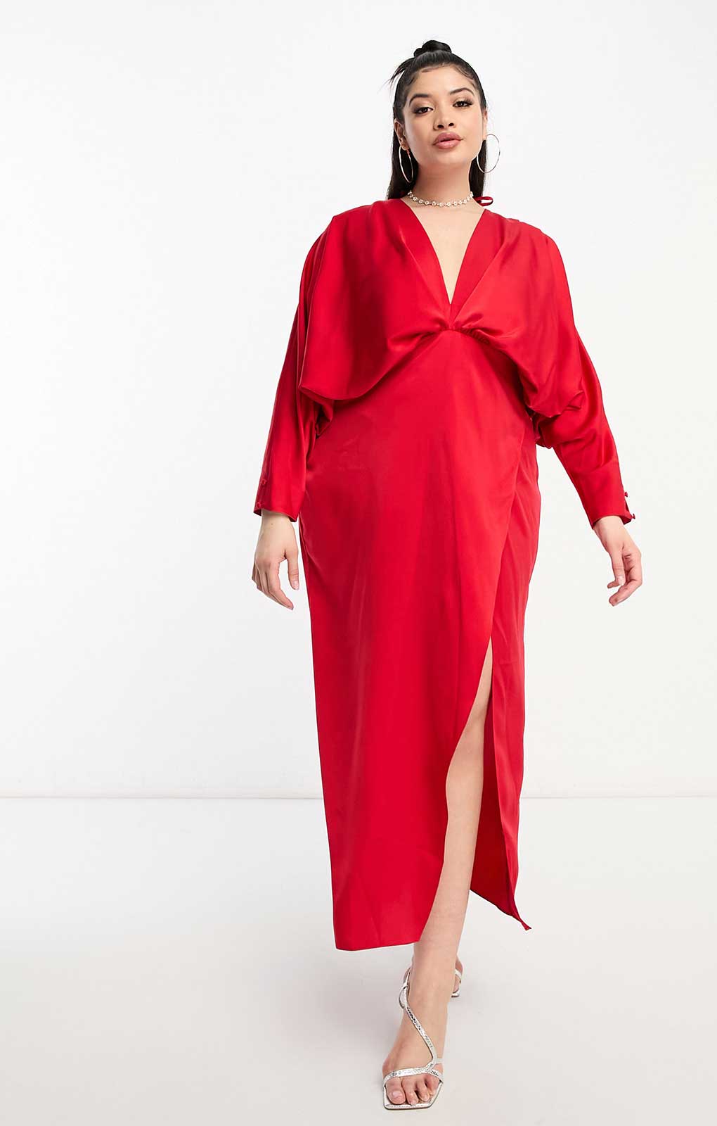 Asos Design Curve Exclusive Satin Batwing Midaxi Dress With Split Skirt In Red