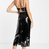 Asos Design Diamante Trim Shabby Sequin Midi Dress In Black