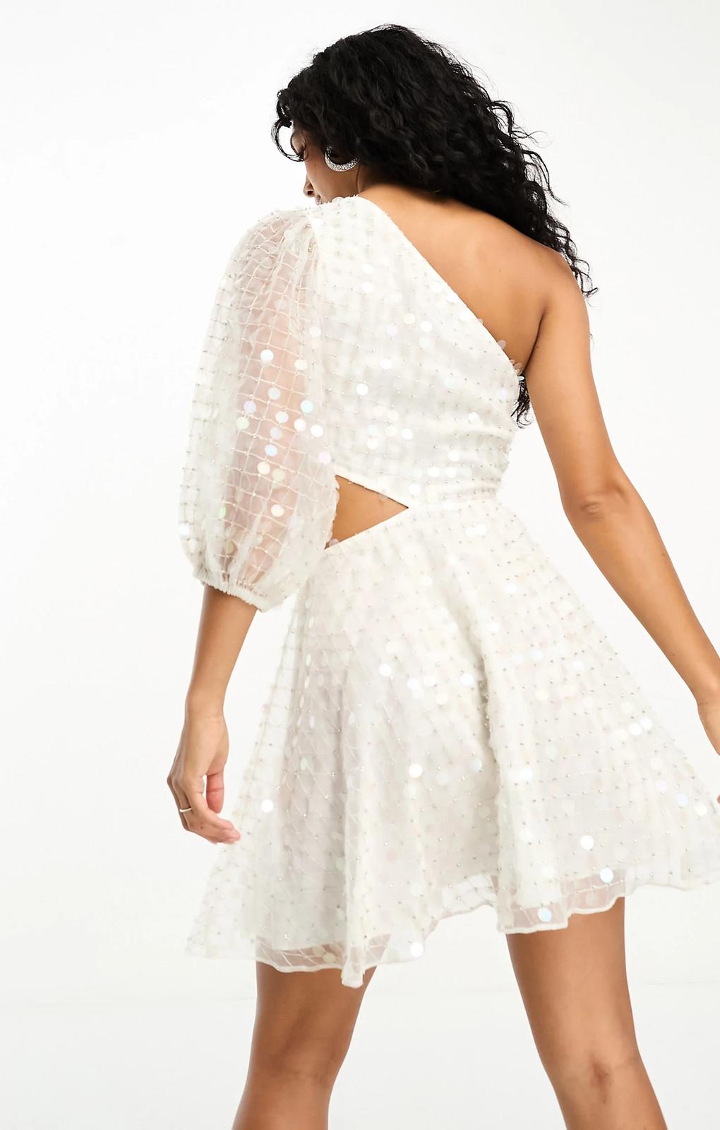 Asos Design Embellished Organza Asymmetric One Sleeve Mini Dress In White – dresses by ASOS DESIGN, available to rent from Hirestreet