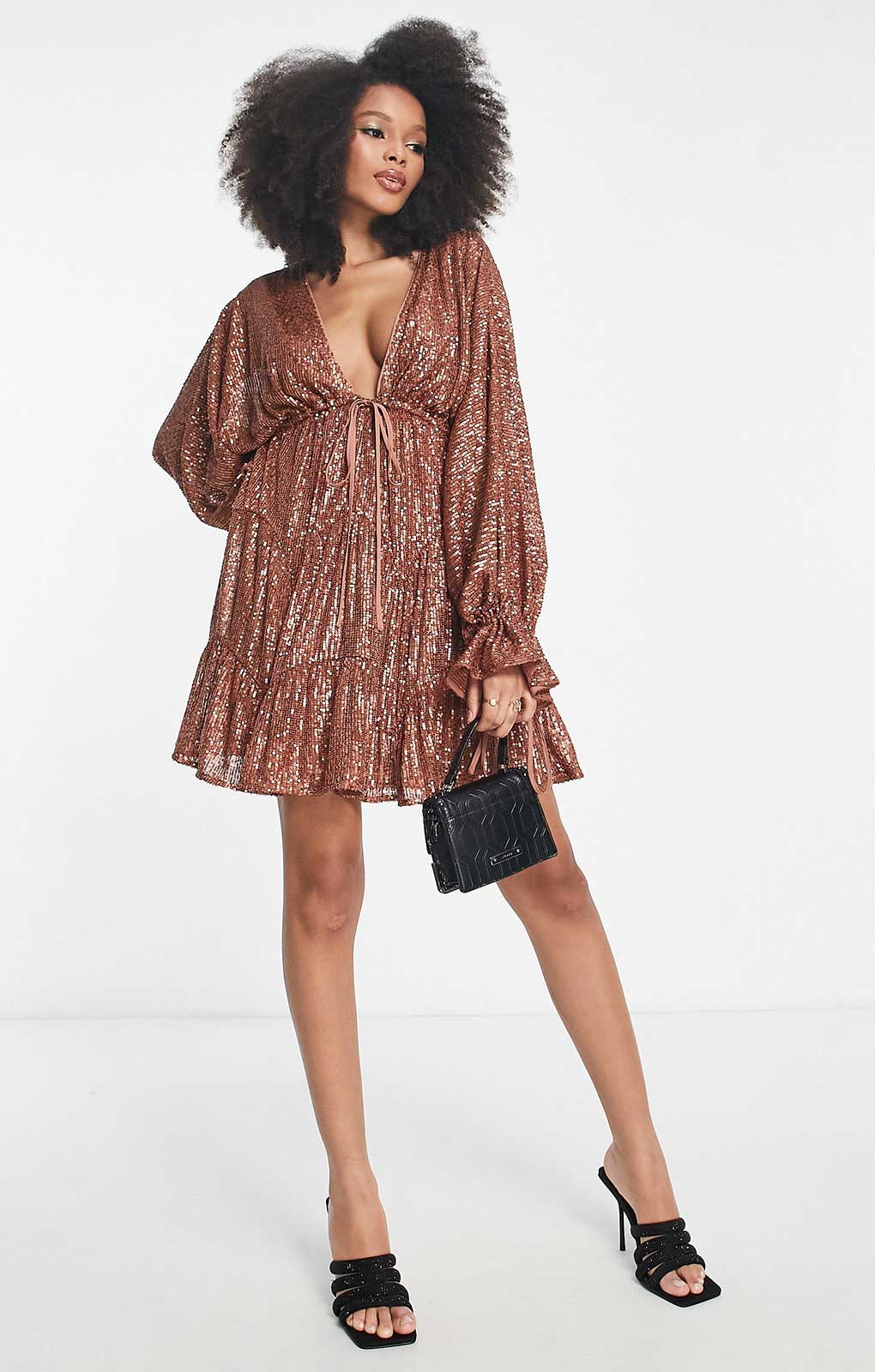 Asos Design Embellished Tiered Mini Dress With Tie Detail In Gold Sequin