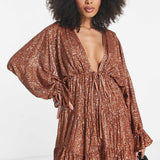 Asos Design Embellished Tiered Mini Dress With Tie Detail In Gold Sequin