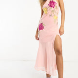 Asos Design Embroidered Split Front Halter Midi Dress In Light Coral – dresses by ASOS DESIGN, available to rent from Hirestreet