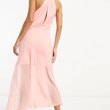 Asos Design Embroidered Split Front Halter Midi Dress In Light Coral – dresses by ASOS DESIGN, available to rent from Hirestreet