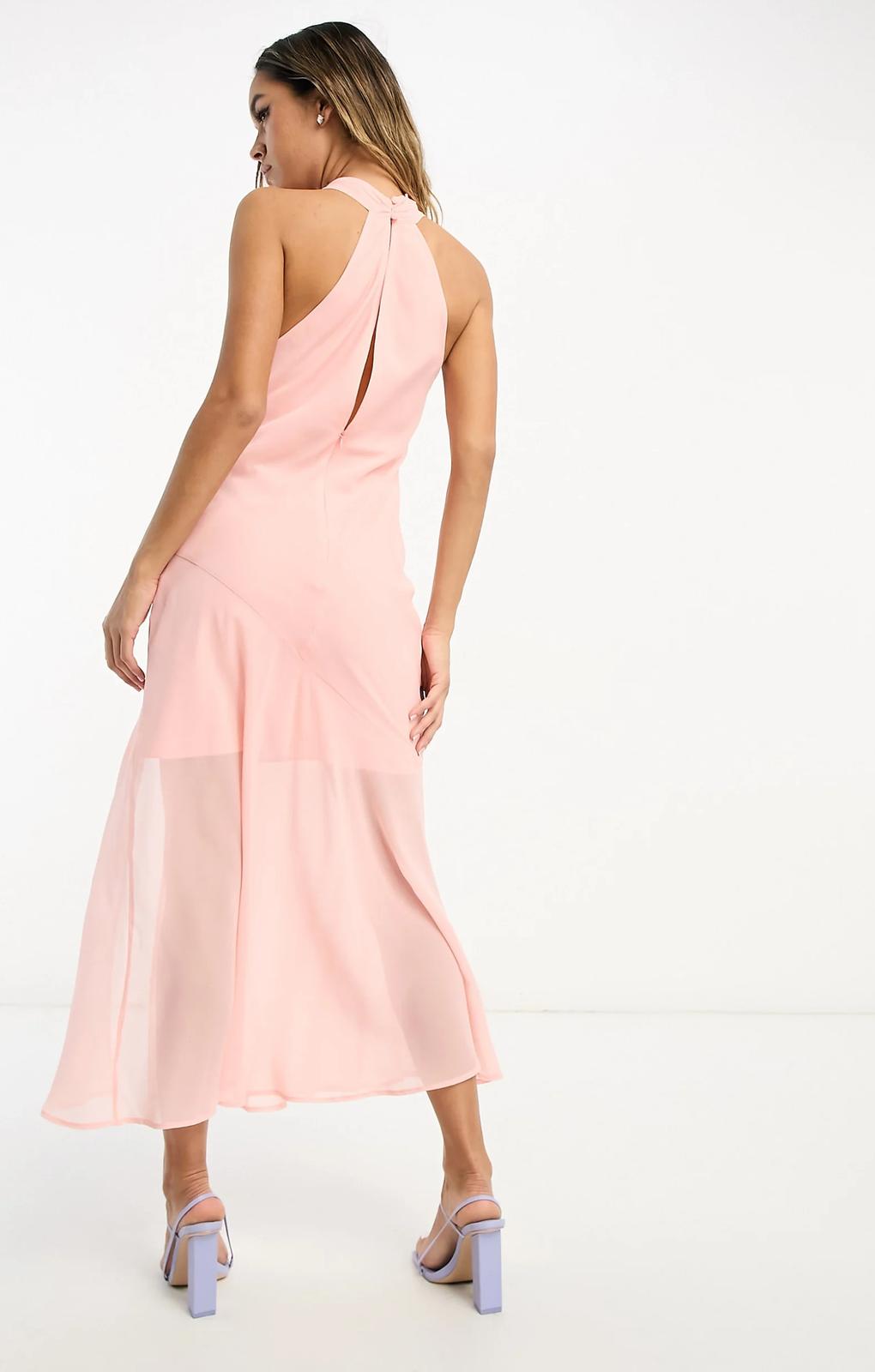 Asos Design Embroidered Split Front Halter Midi Dress In Light Coral – dresses by ASOS DESIGN, available to rent from Hirestreet
