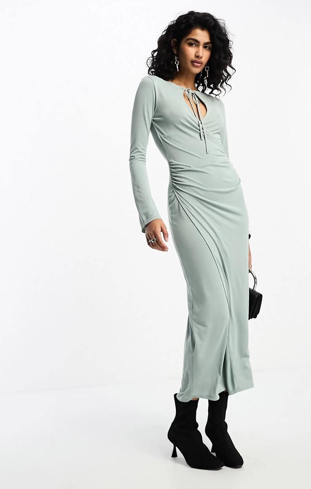 Asos Design Flared Long Sleeve Midi Dress With Wrap And Tie Neck Detail In Sage Green – dresses by ASOS DESIGN, available to rent from Hirestreet