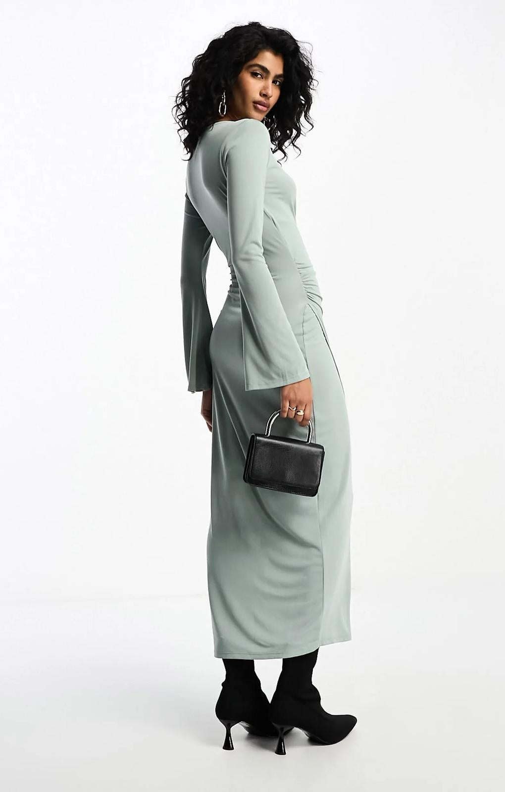 Asos Design Flared Long Sleeve Midi Dress With Wrap And Tie Neck Detail In Sage Green – dresses by ASOS DESIGN, available to rent from Hirestreet