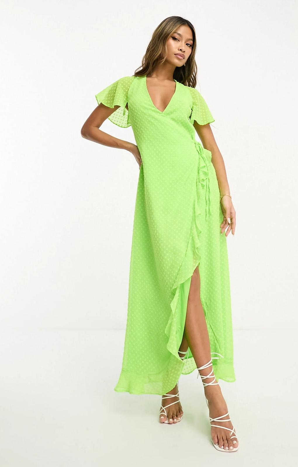 Asos Design Frill Detail Wrap Maxi Dress In Bright Lime Dobby – dresses by ASOS DESIGN, available to rent from Hirestreet