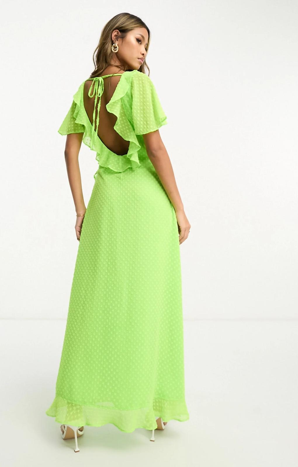 Asos Design Frill Detail Wrap Maxi Dress In Bright Lime Dobby – dresses by ASOS DESIGN, available to rent from Hirestreet