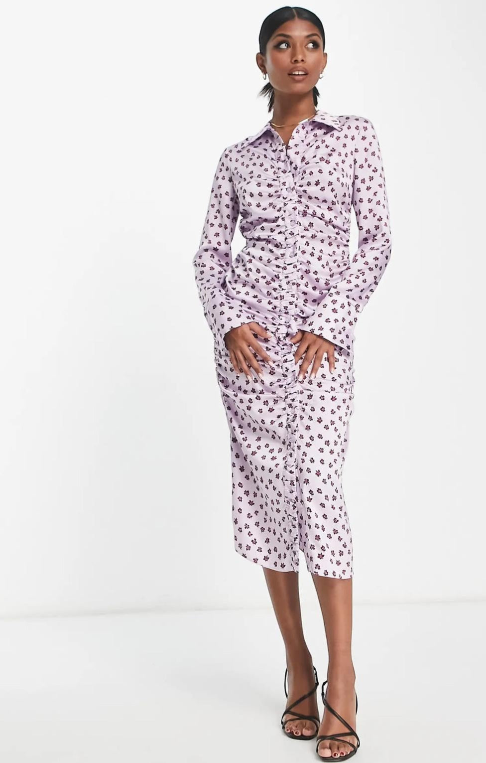 Asos Design Gathered Waist Midi Satin Shirt Dress In Lilac Floral – dresses by ASOS DESIGN, available to rent from Hirestreet