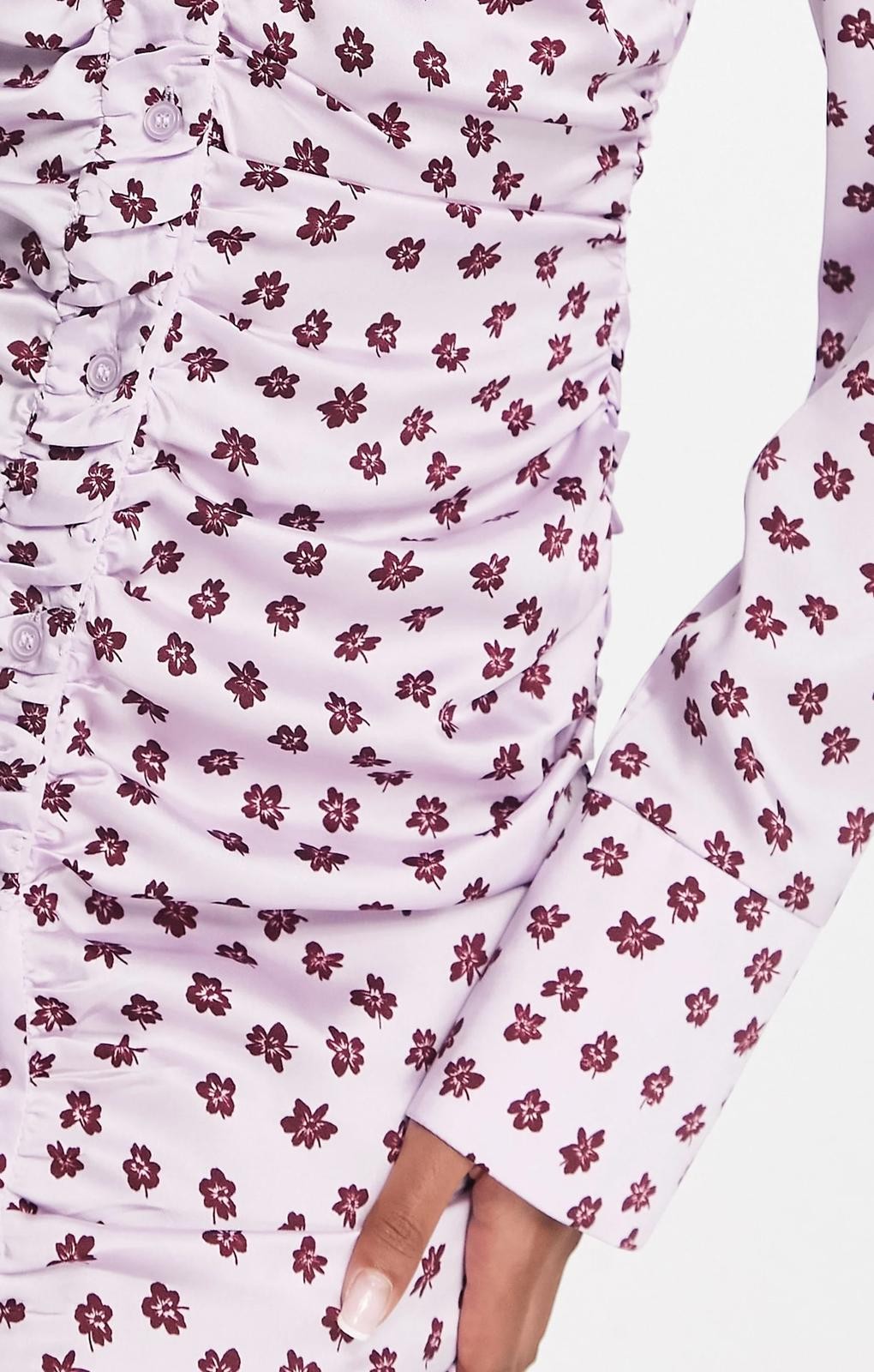 Asos Design Gathered Waist Midi Satin Shirt Dress In Lilac Floral – dresses by ASOS DESIGN, available to rent from Hirestreet