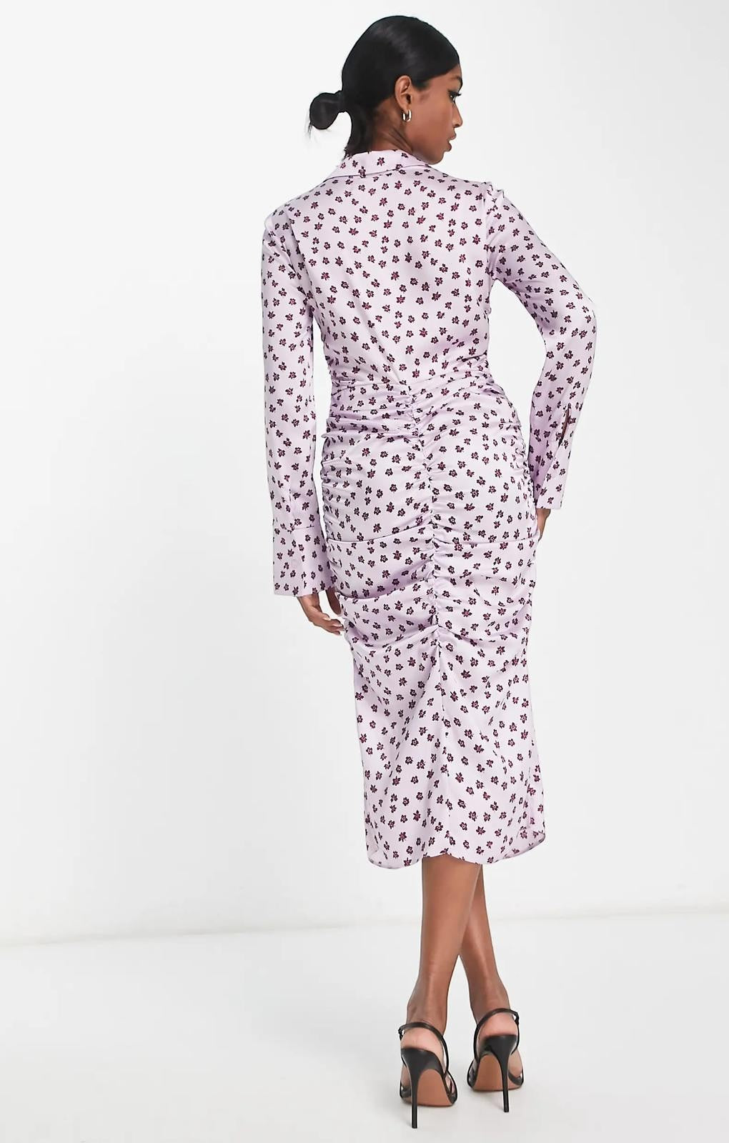 Asos Design Gathered Waist Midi Satin Shirt Dress In Lilac Floral – dresses by ASOS DESIGN, available to rent from Hirestreet