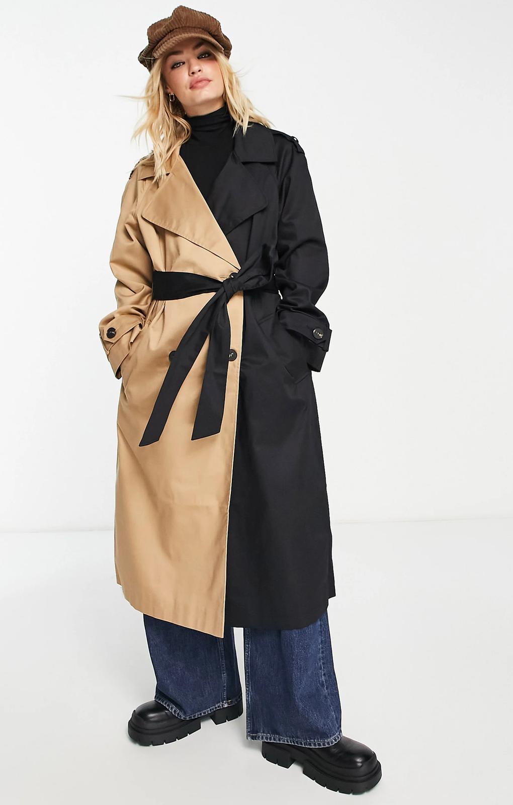 Asos Design Half And Half Trench Coat In Black And Stone – coats & jackets by ASOS DESIGN, available to rent from Hirestreet