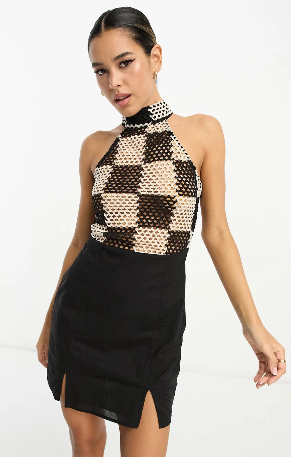 Asos Design Halter Crochet Mini Dress In Mono Checkerboard – dresses by ASOS DESIGN, available to rent from Hirestreet
