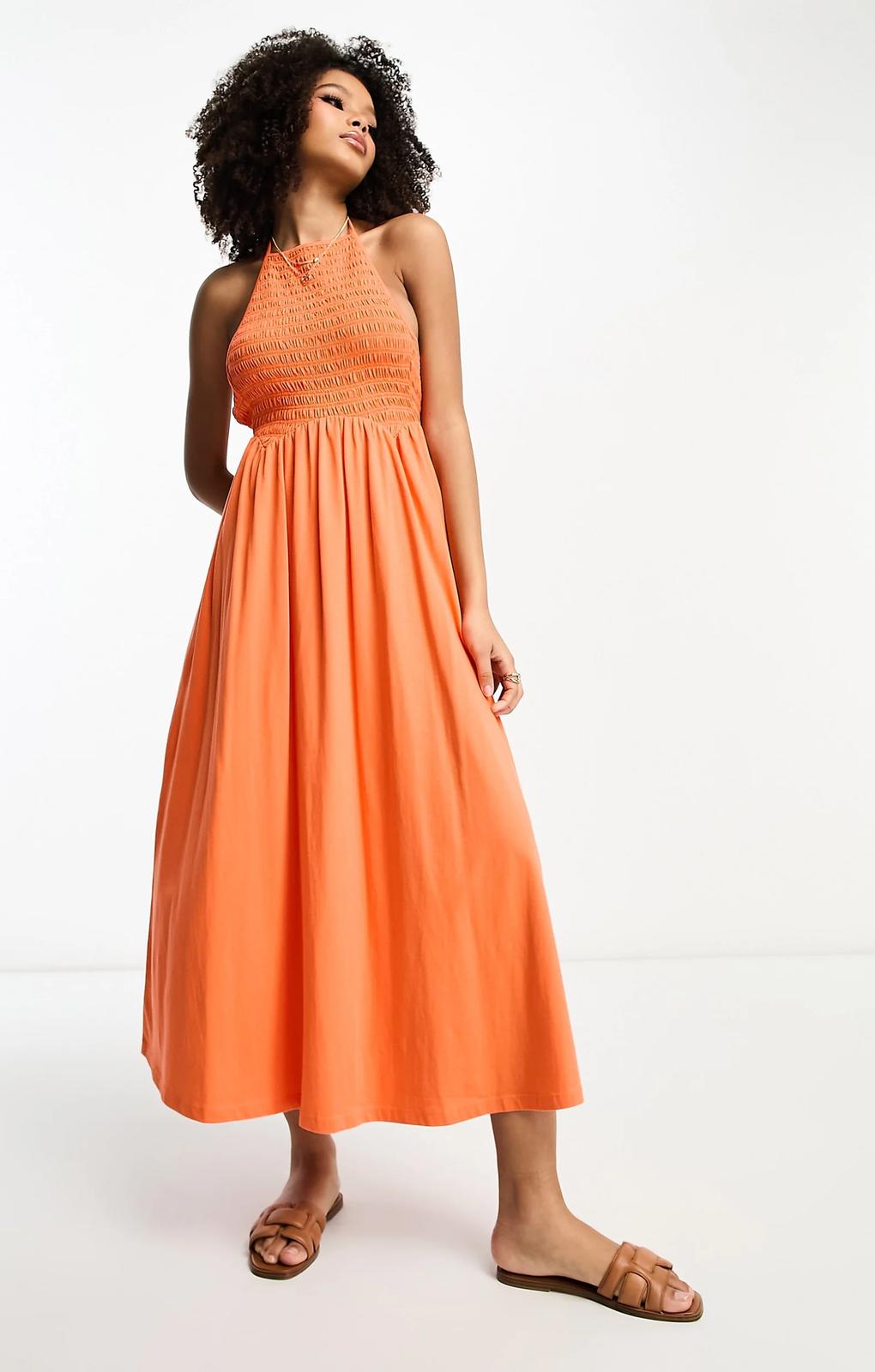 Asos Design Halter Midaxi Dress With Shirred Bodice In Orange – dresses by ASOS DESIGN, available to rent from Hirestreet