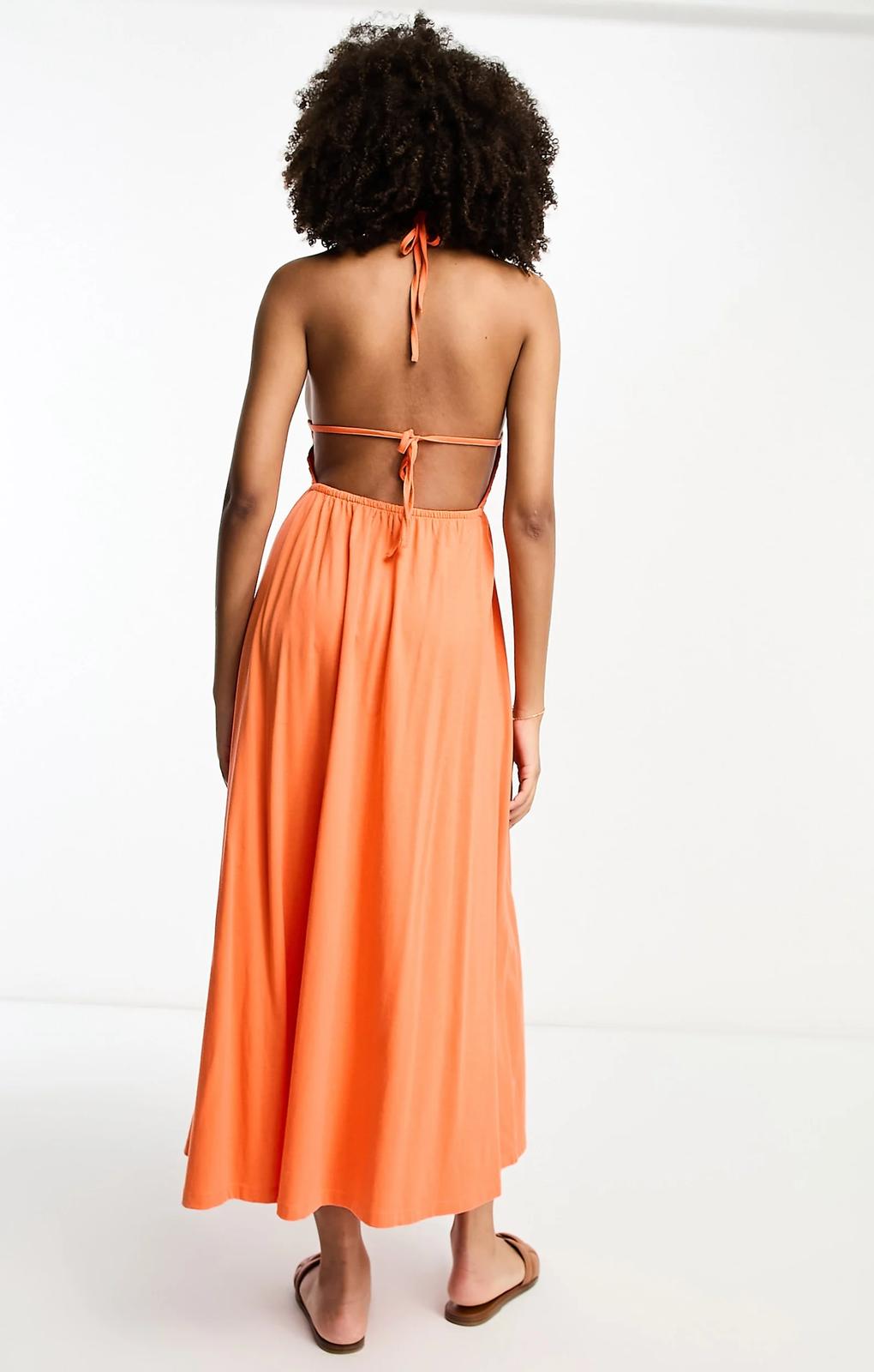 Asos Design Halter Midaxi Dress With Shirred Bodice In Orange – dresses by ASOS DESIGN, available to rent from Hirestreet
