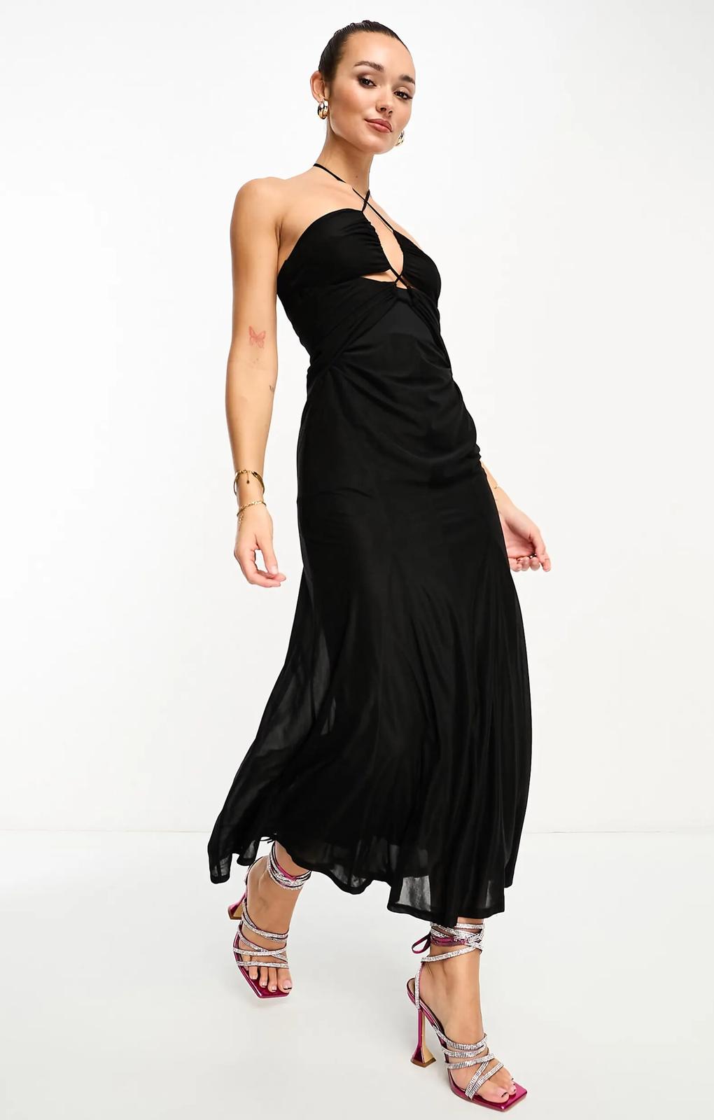 Asos Design Halterneck Mesh Midi Dress With Godets In Black – dresses by ASOS DESIGN, available to rent from Hirestreet
