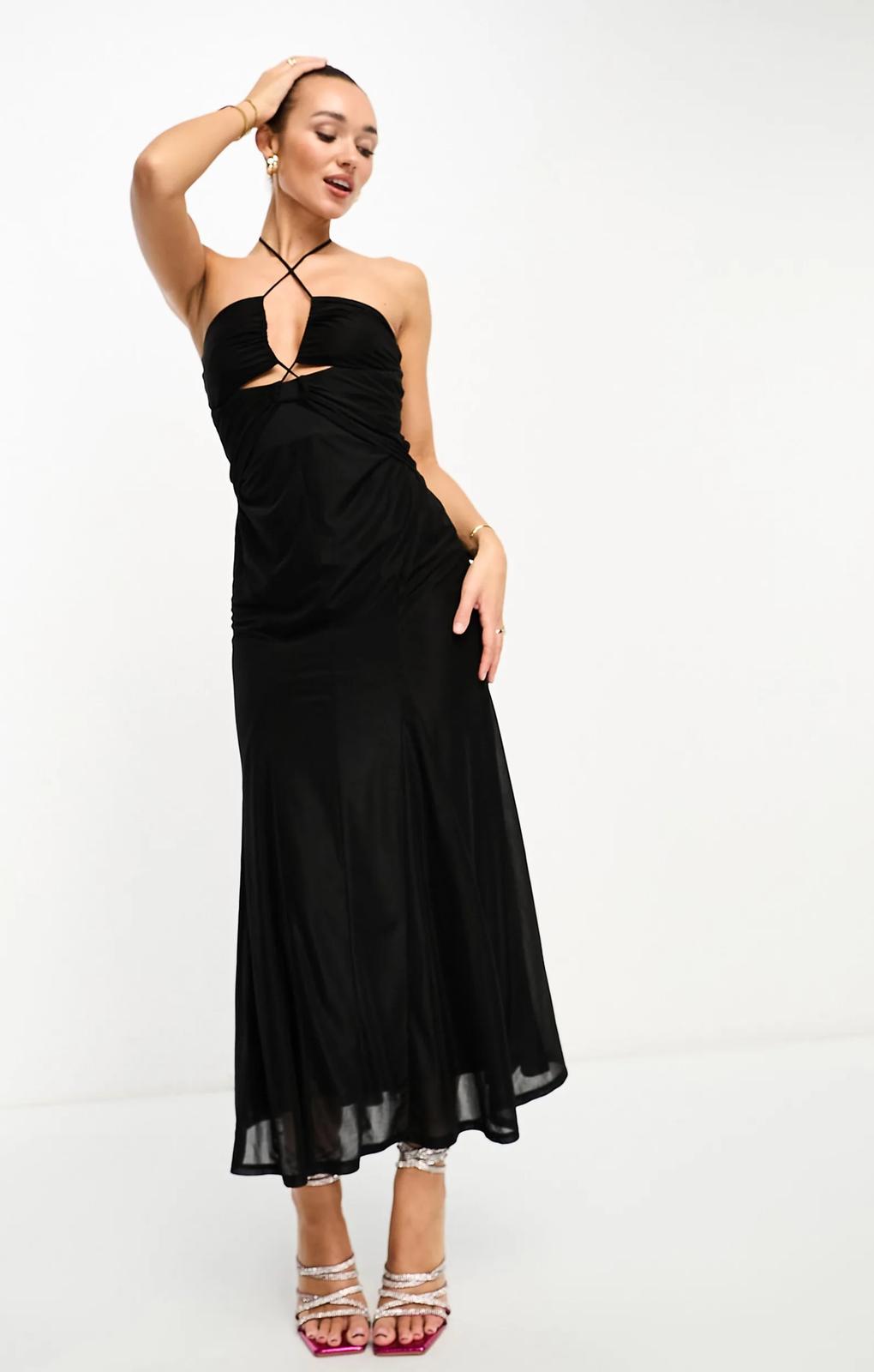 Asos Design Halterneck Mesh Midi Dress With Godets In Black – dresses by ASOS DESIGN, available to rent from Hirestreet