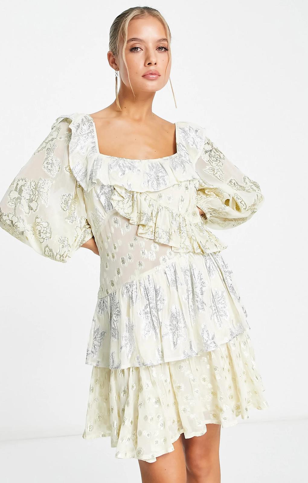 Asos Design Metallic Jacquard Square Neck Ruffle Mini Dress In Gold And Silver – dresses by ASOS DESIGN, available to rent from Hirestreet