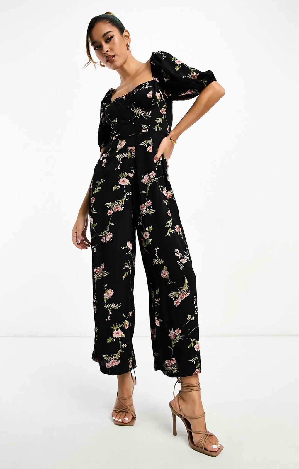Asos Design Milkmaid Jumpsuit In Floral Print – jumpsuits & playsuits by ASOS DESIGN, available to rent from Hirestreet