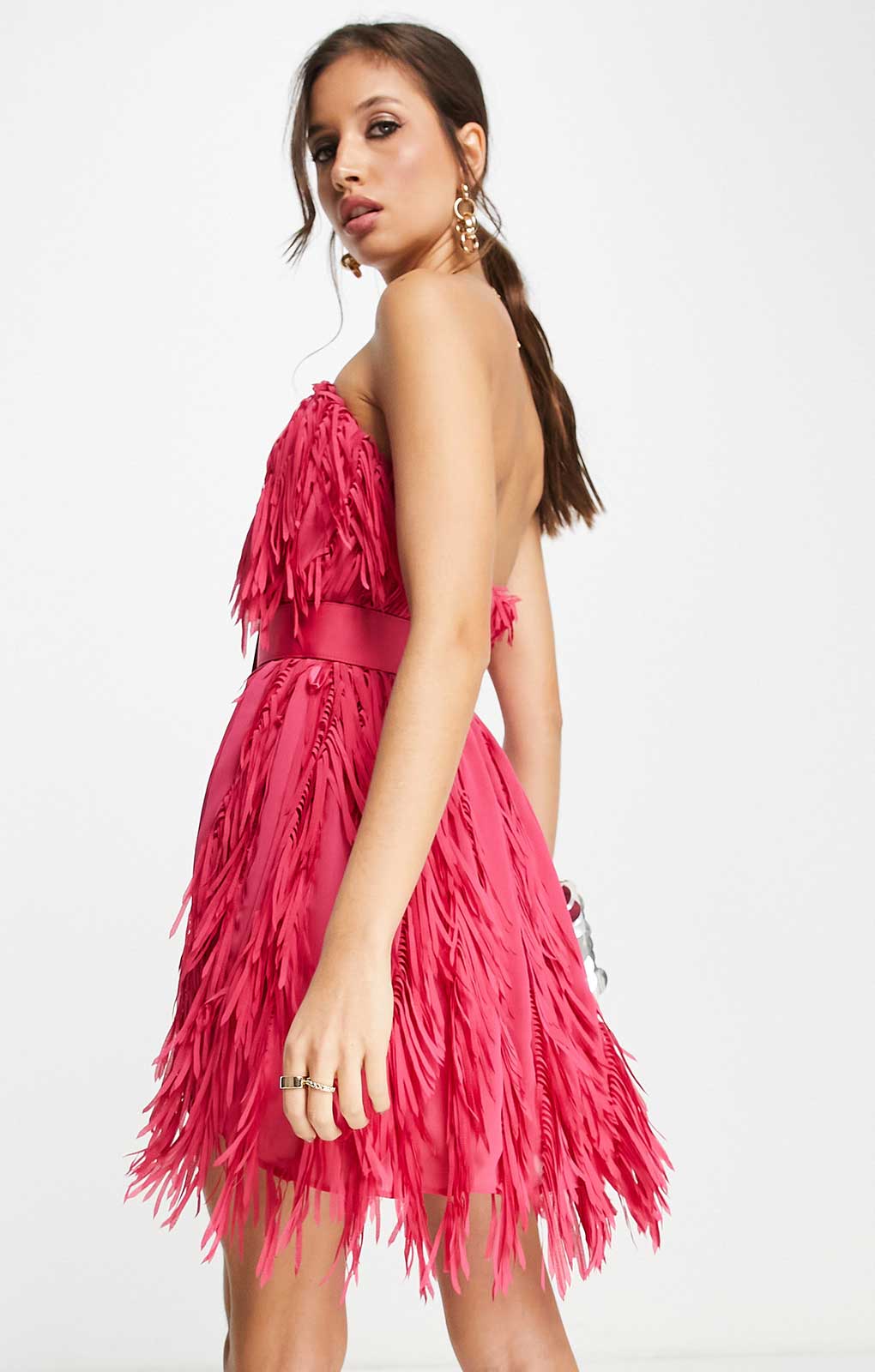 Asos Design Mini Bandeau Dress In Shredded Chiffon With Belt Detail In Pink