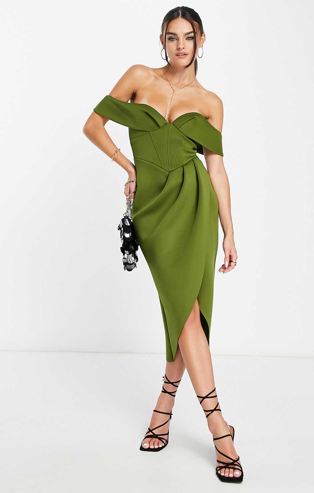 Asos Design Off Shoulder Corset Midi Dress In Olive