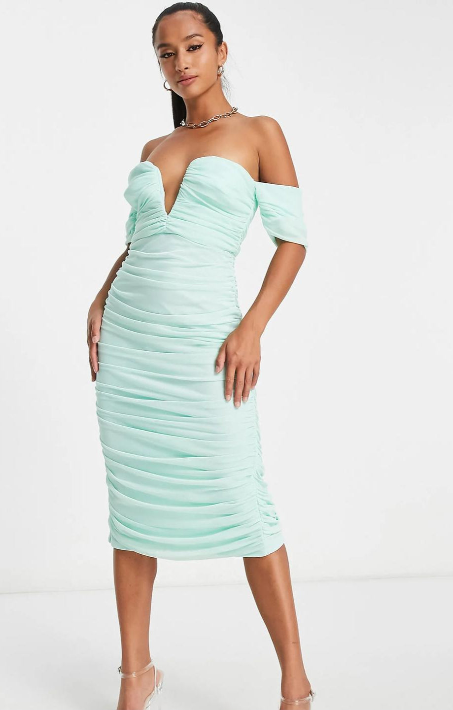 Asos Design Petite Bandeau Mesh Midi Dress In Mint – dresses by ASOS Petite, available to rent from Hirestreet