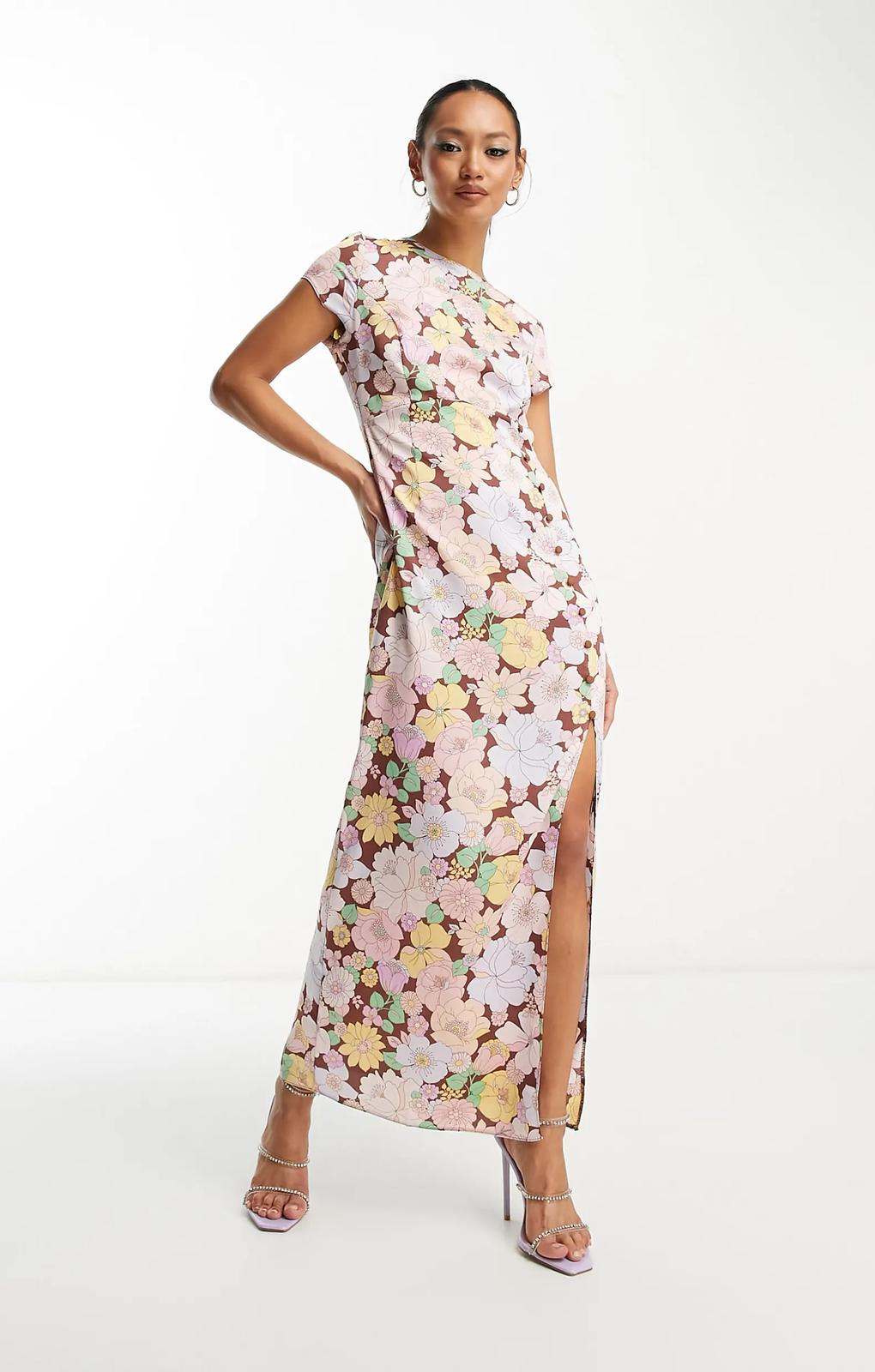 Asos Petite Button Side Detail Satin Midi Tea Dress In Bold Floral Print – dresses by ASOS Petite, available to rent from Hirestreet