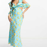 Asos Design Petite Satin Midaxi Dress With Multi Flutter Sleeves In Blue Floral Print