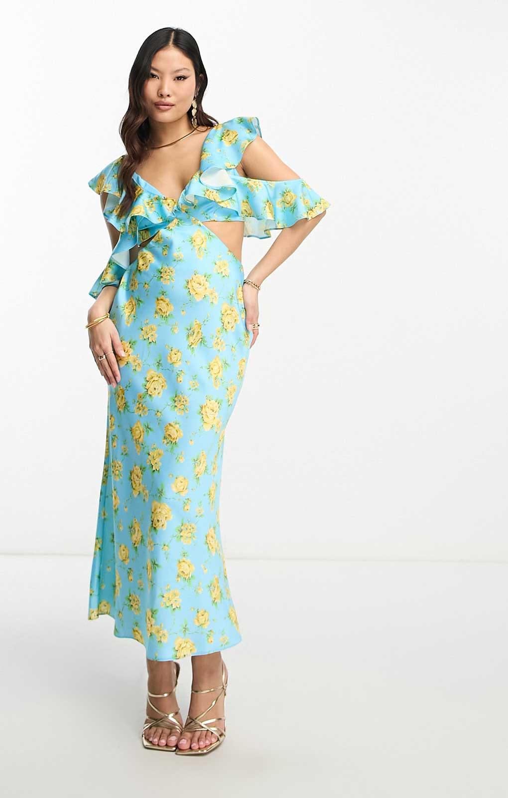 Asos Design Petite Satin Midaxi Dress With Multi Flutter Sleeves In Blue Floral Print