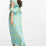Asos Design Petite Satin Midaxi Dress With Multi Flutter Sleeves In Blue Floral Print
