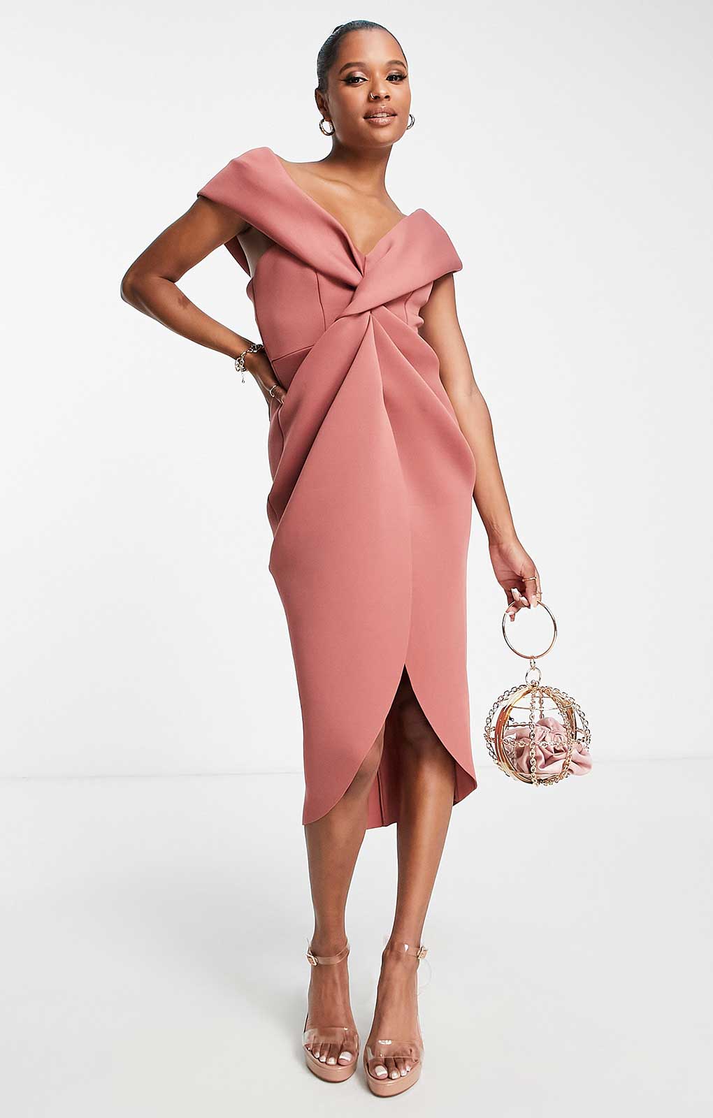 Asos Design Petite Twist Front Off The Shoulder Midi Dress In Rose
